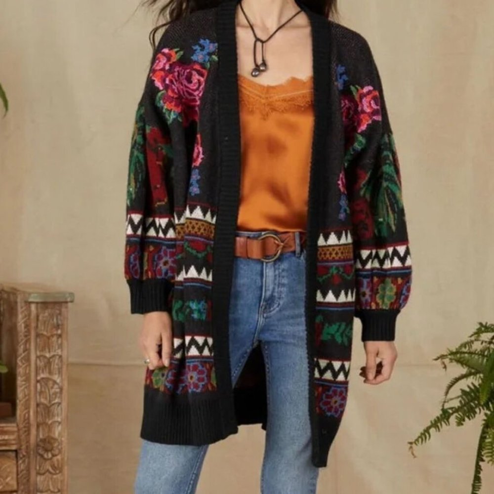 Farm Rio Black Flowers Tapestry Cardigan
